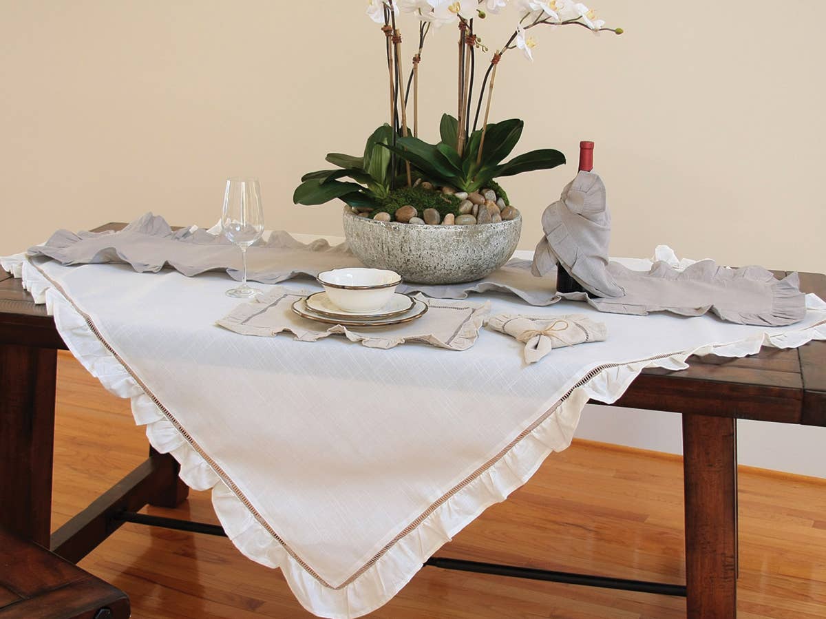 Xia Home Fashions & Manor Luxe - Wholesale Table Runner - Ruffle Trim White and Natural Hemstitch Table Runner2