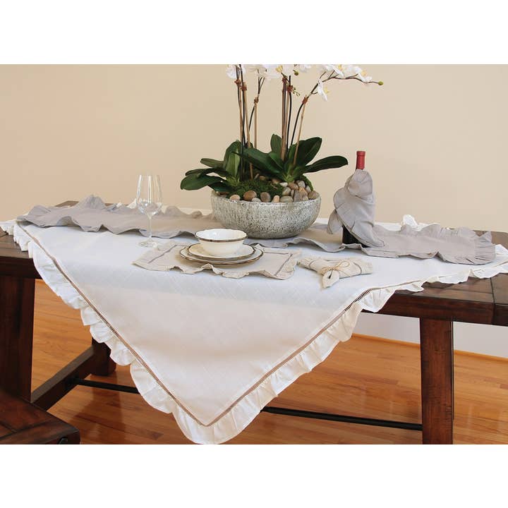 Xia Home Fashions & Manor Luxe - Wholesale Table Runner - Ruffle Trim White and Natural Hemstitch Table Runner2