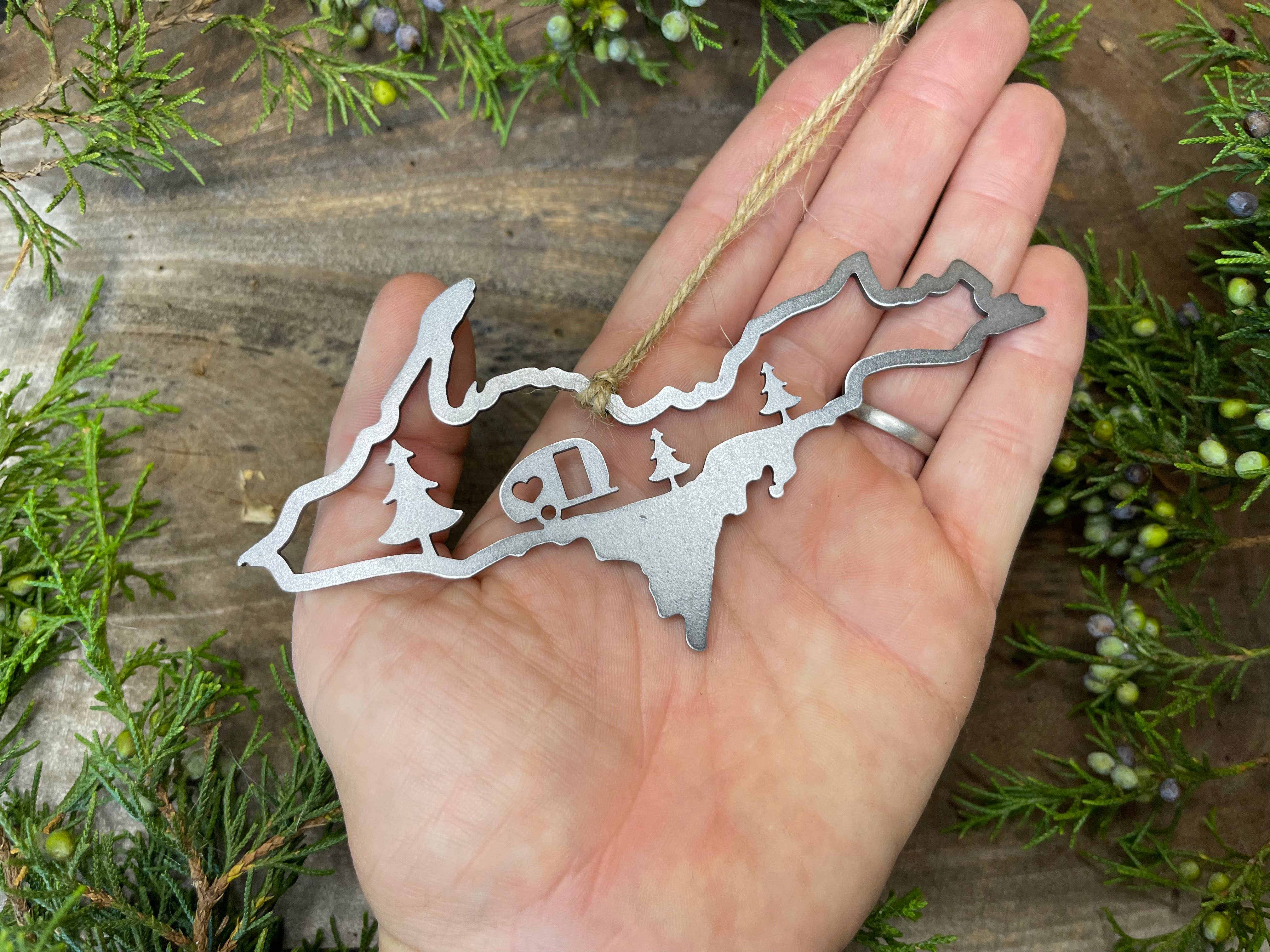 BE Creations & Designs, Inc. - Wholesale Ornament - Michigan Upper Peninsula CAMPER Scene Raw Steel Ornament1