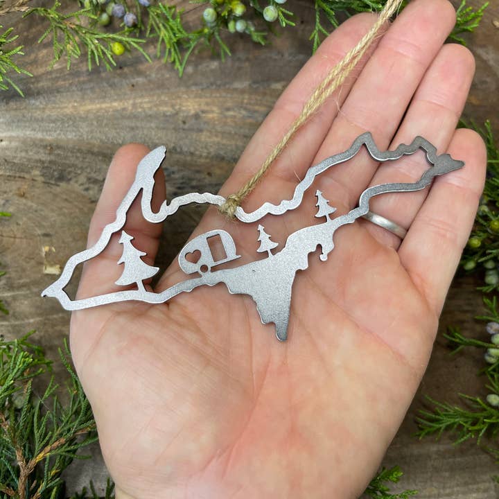 BE Creations & Designs, Inc. - Wholesale Ornament - Michigan Upper Peninsula CAMPER Scene Raw Steel Ornament1