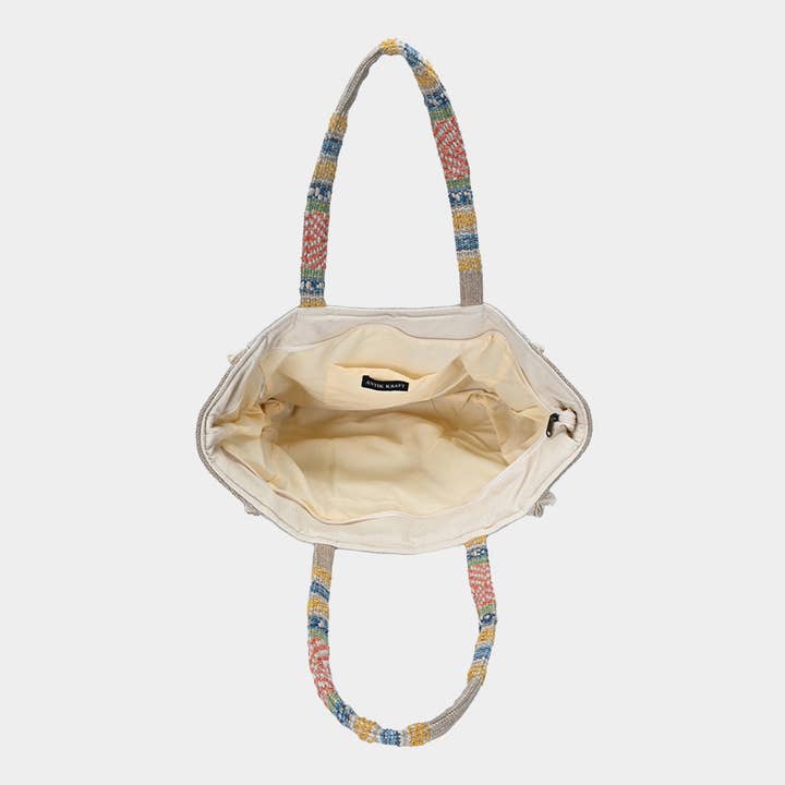 Sensibling Corp. - Wholesale Tote Bag - Women's - Evil Eye Seed Beaded Fringe Trim Ethnic Jute Tote Bag1