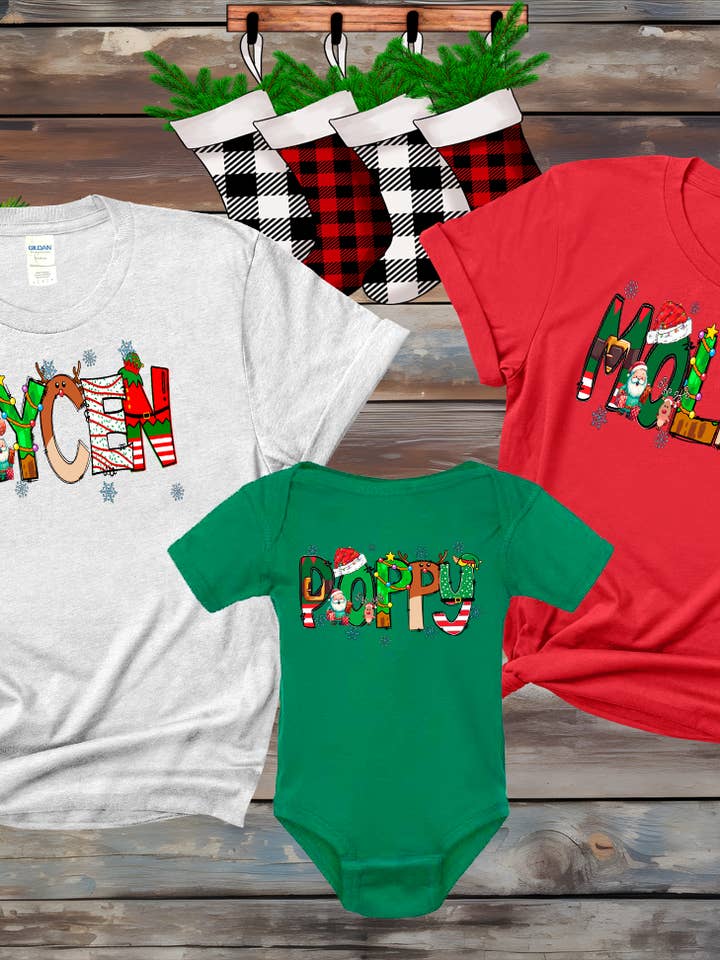 Custom Personalized Name Family Matching Christmas shirts for wholesale by A Blessed Texas Mess Boutique