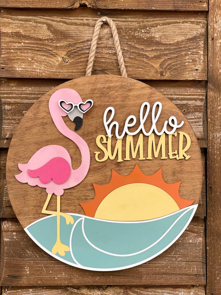 3D Flamingo Hello Summer Hanger for wholesale by Mama E’s Makery