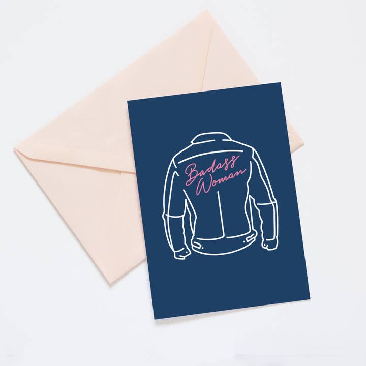 „Badass Woman” Contour getrokken lederen jas wenskaart voor wholesale door Jessitrak
