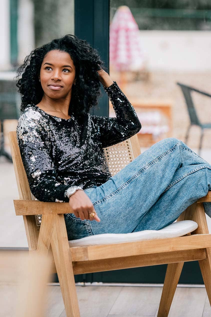 Black Night Fever Mama Sequin Nursing Top for wholesale on Faire4