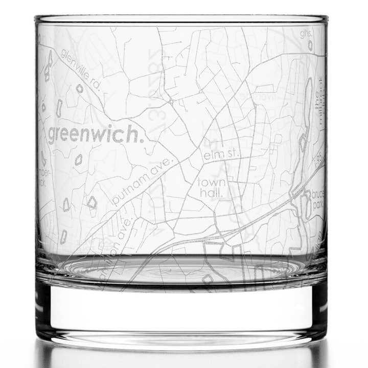 Greenwich, CT City Map - Etched Whiskey Rocks Glass for wholesale by Well Told
