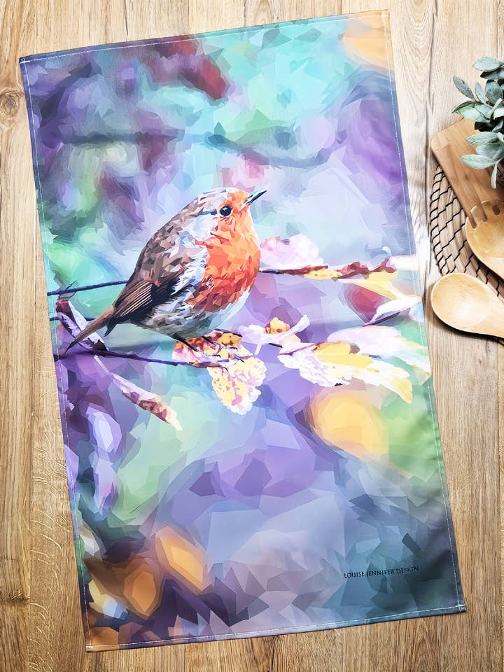 ROBIN REDBREAST tea towel - 100% cotton *NEW for wholesale by Louise Jennifer Design