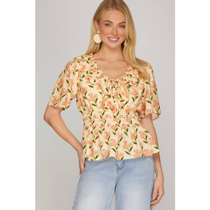 HAUT IMPRIMÉ À COL EN V VOLANTÉ POUR FEMMES pour la vente par Upmost