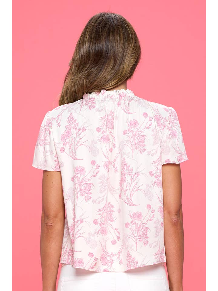 IVORY PINK Made in USA Floral Print Top with Ruffle Neck for wholesale on Faire