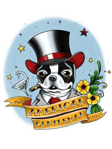 Amerikanisches Gentleman-Tattoo - Boston Terrier-Kunst für den Großhandel von Brian Rubenacker studios