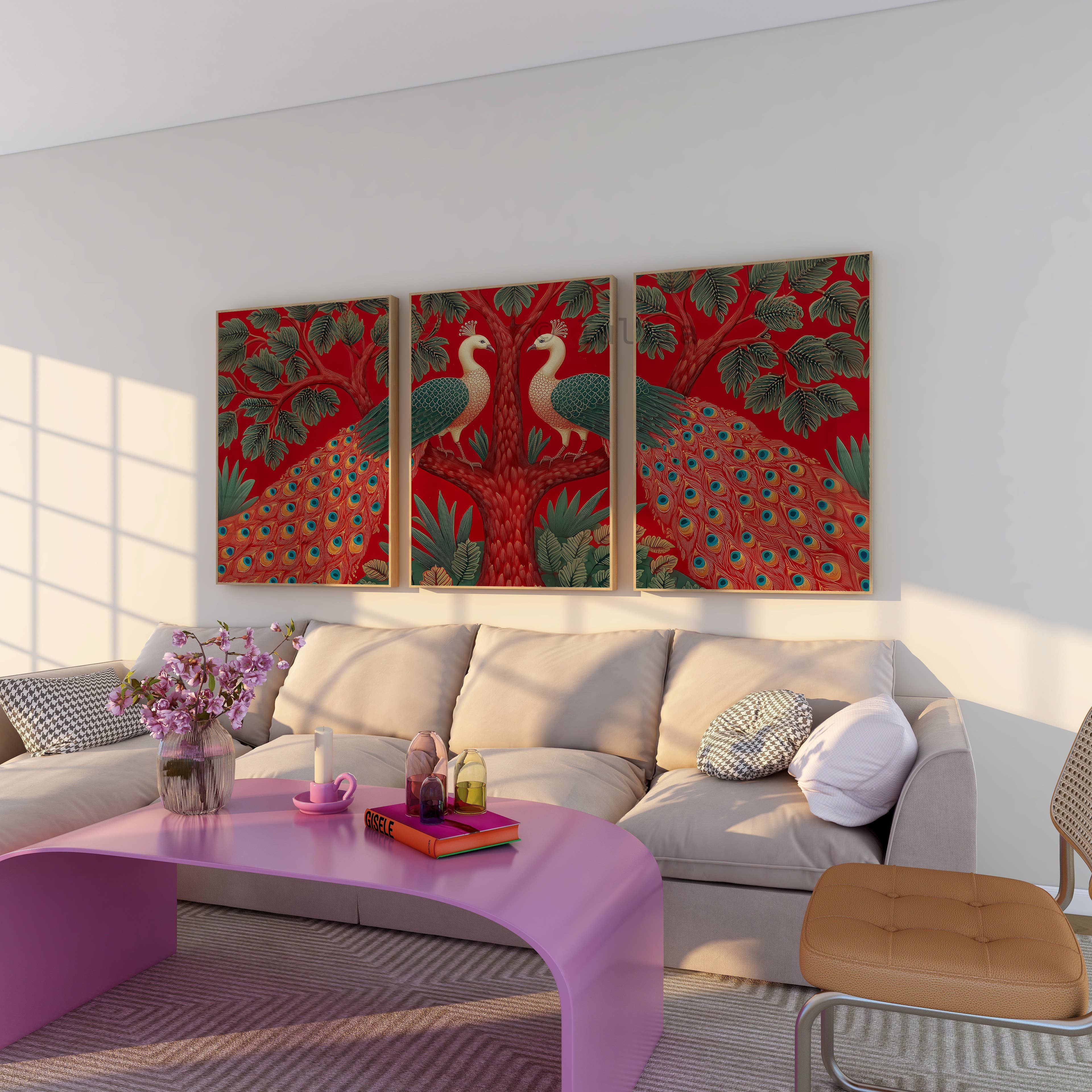 IuliiaArtPrints – wholesale Konsttryck – Indisk påfågelväggkonst – Röd triptyk Pichwai-stil fåglar6