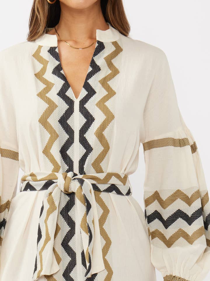 Naturel/Kaki Robe maxi à manches blouson à étages avec ceinture à la taille en vente sur Faire3