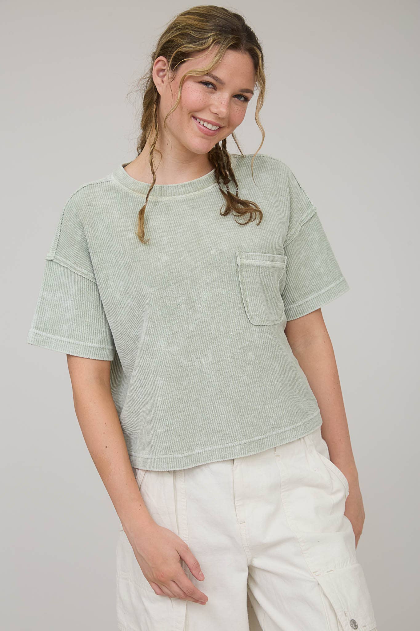 J.O.A - Wholesale Knit Top - Women's - WASHED RIBBED SHORT SLEEVE TEE WITH POCKET9