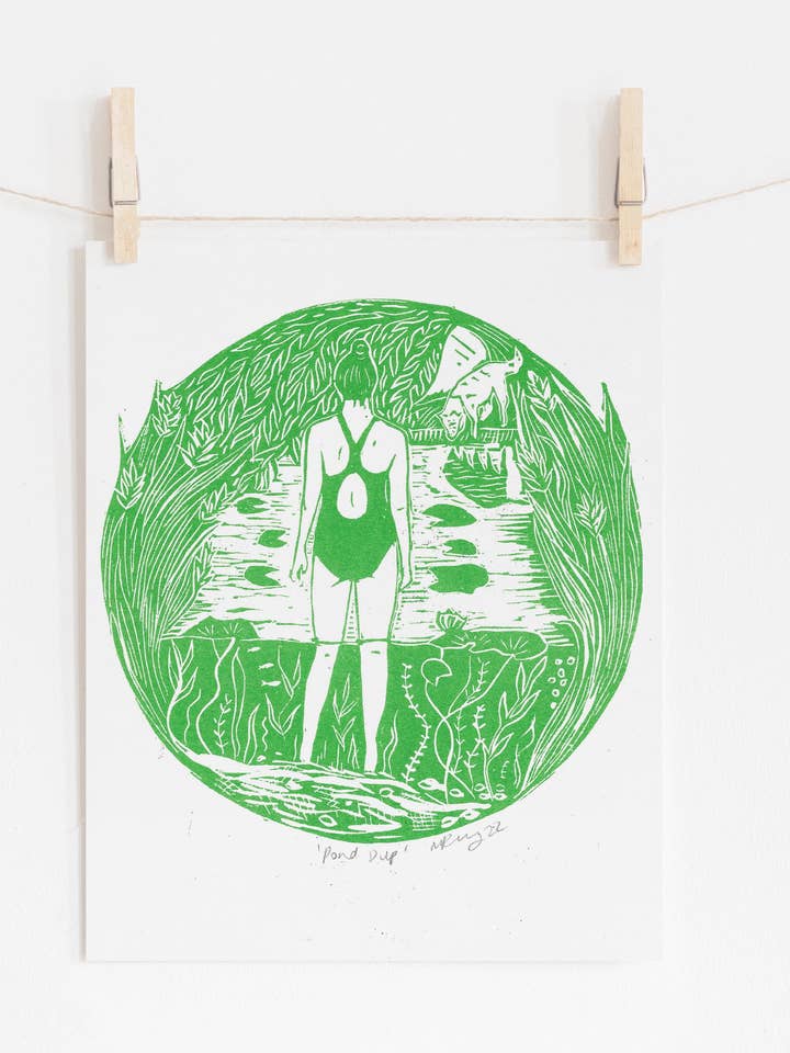 Pond Dip riso print, wild swim, swimmer, rivers, nature for wholesale by Prints by the Bay