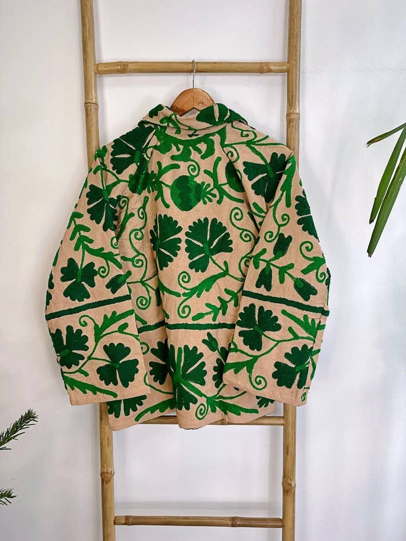 Essential Designs London – wholesale Jacket – Women's – Suzani Hand Embroidered Unisex Bolero Short Jacket Spring Boho Gypsy Kashmir Crewel Special Love Gift | Quirky Cafe Beige Green Floral Leaf5