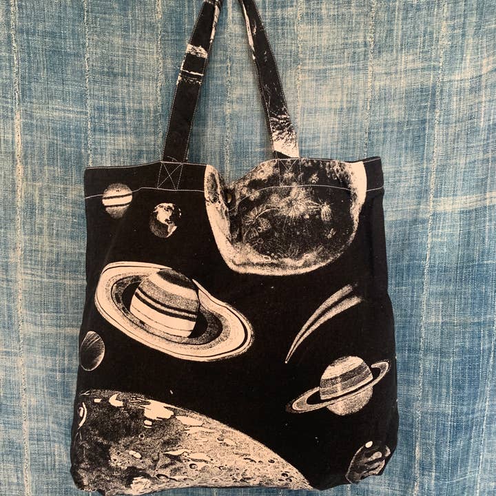 Borsa tote grande in cotone con stampa serigrafica Solar System Planet per la vendita all'ingrosso da parte di Little Baby Kitty