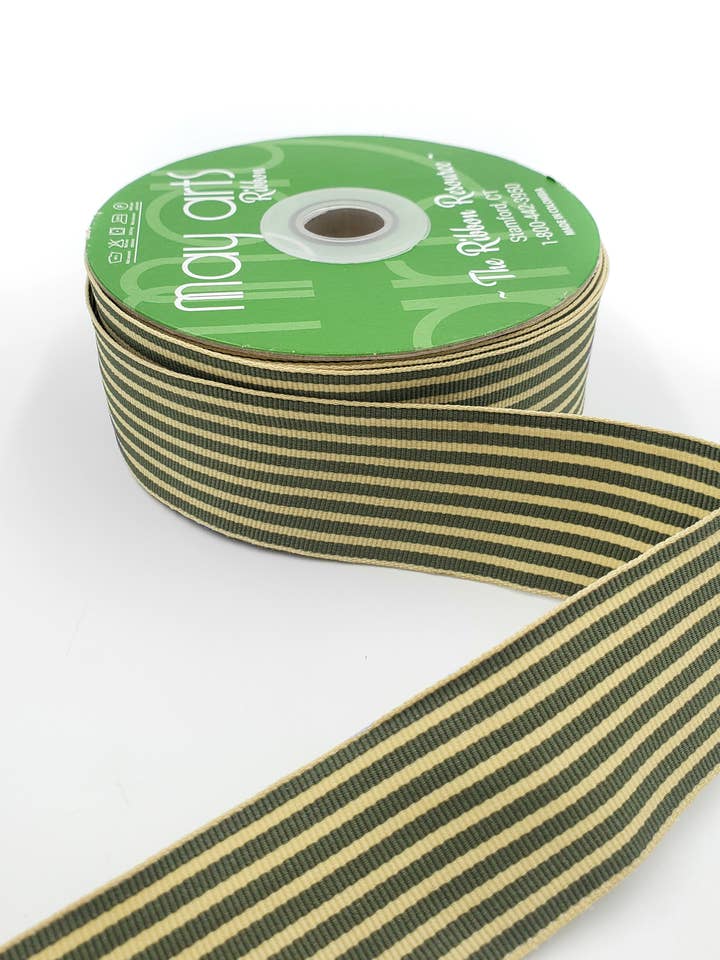1.5" Woven Classic Moss & Oatmeal Striped Grosgrain Ribbon for wholesale by May Arts Ribbon