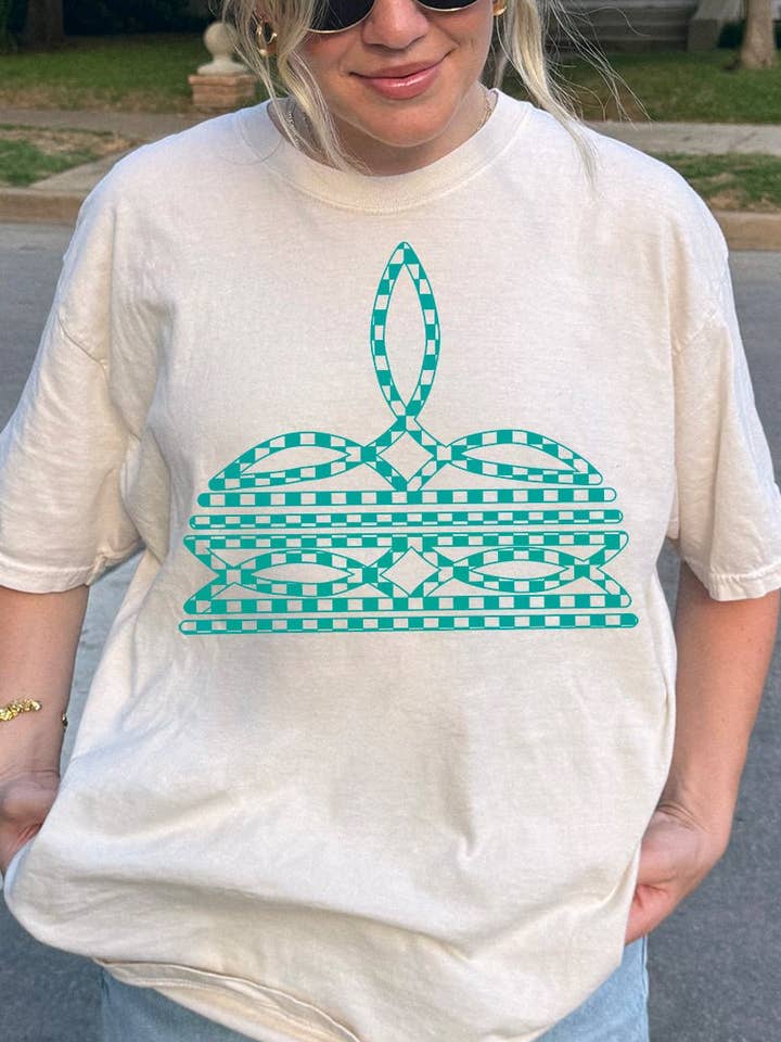 Wholesale Accessory Market - Wholesale Screen Printed T-Shirt - Women's - Turquoise Checkered Boot Stitch Comfort Colors Adult Ring-Spun Cotton Tee3