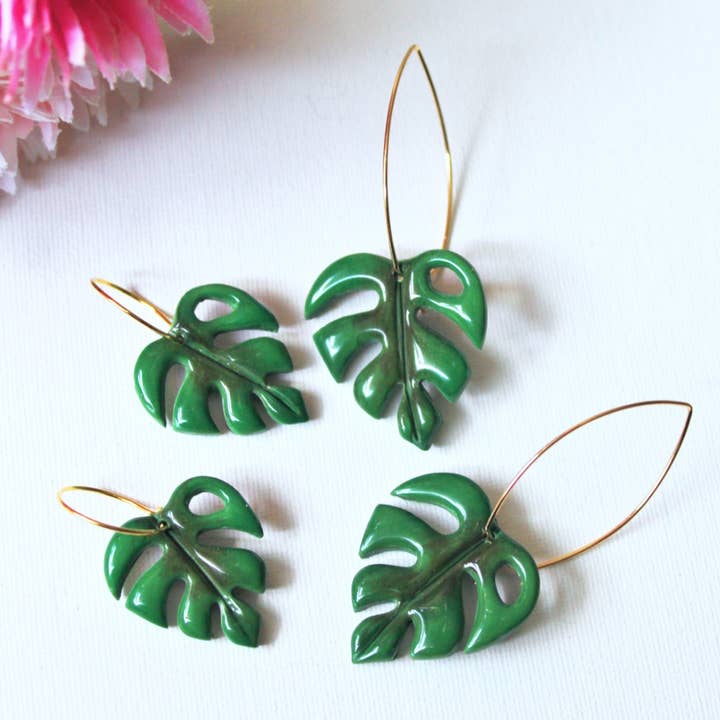Monstera Leaf Earrings, Leaf Hoops, Polymer Clay Earrings for wholesale by Studio Niani