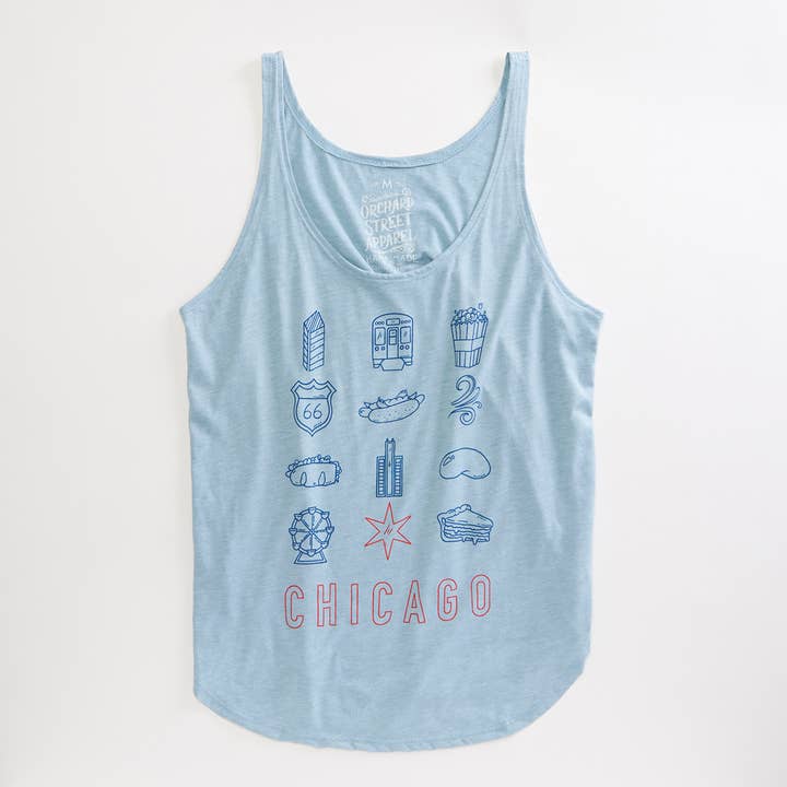 Chicago City Icon Light Blue Ladies Tank Top for wholesale by Orchard Street Apparel