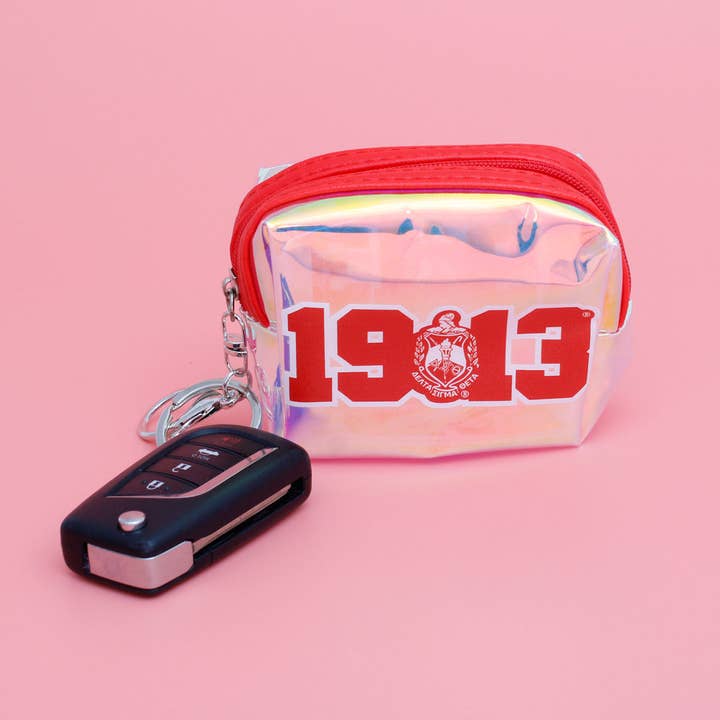 Red and White DST Sorority Iridescent Zipper Pouch Keychain Clip for wholesale on Faire
