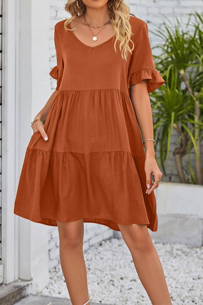 UNISHE - Vendita all'ingrosso Vestito - Donna - Abito A Balze Con Volant Con Scollo A V Semplice E Tasche MD03828