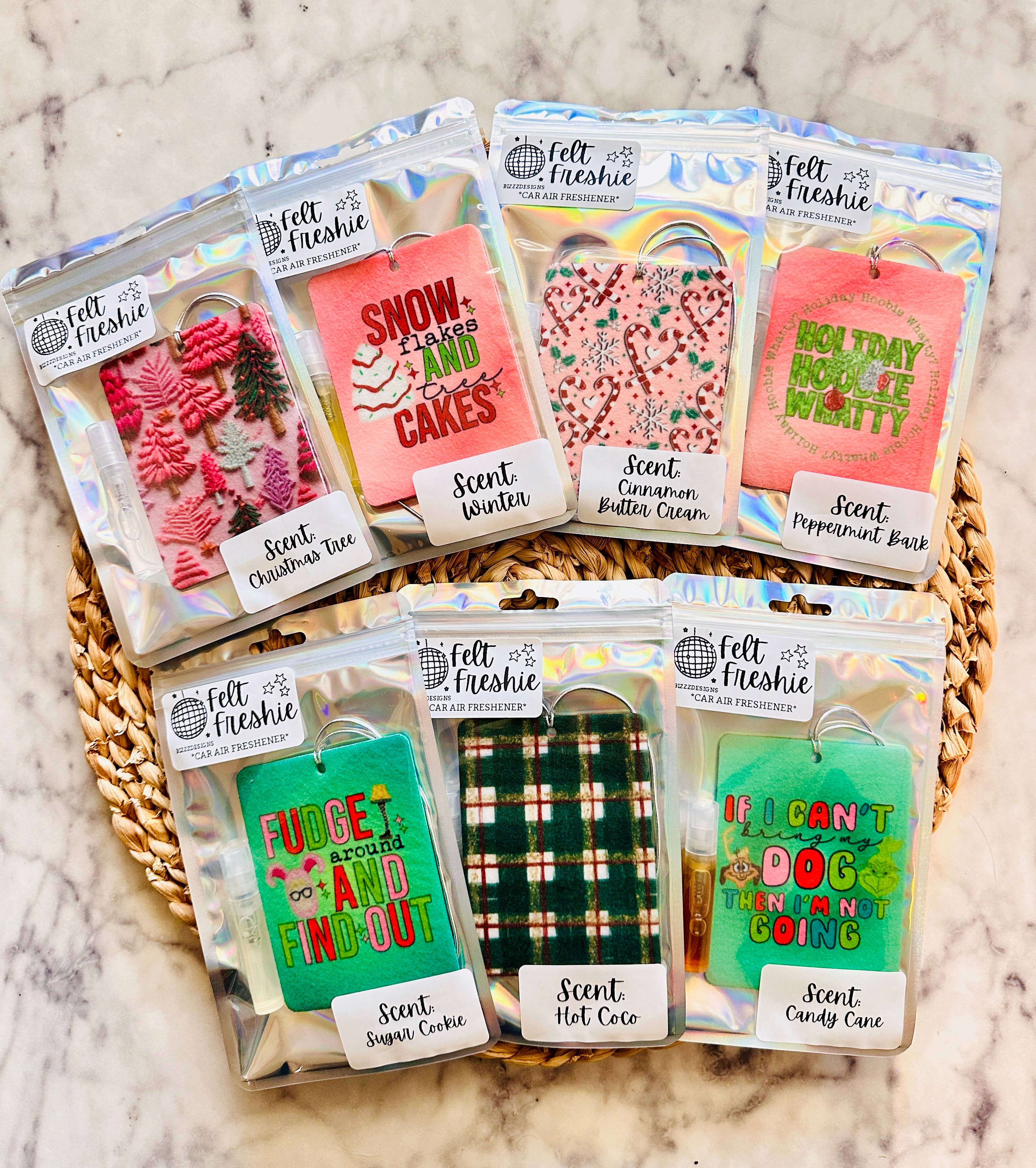 Bizzz Designs – Großhandel Auto-Lufterfrischer – Damen – Weihnachts-Lufterfrischer aus Filz, 7-teiliges Set | Weihnachts-Lufterfrischer2