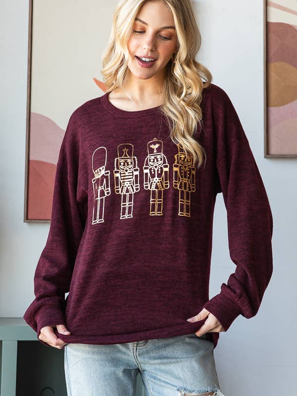 DK BURGUNDY ET7712-10 LONG PUFF SLEEVE ROUND NECK SOLID TOY SOLDIER PRIN for wholesale on Faire