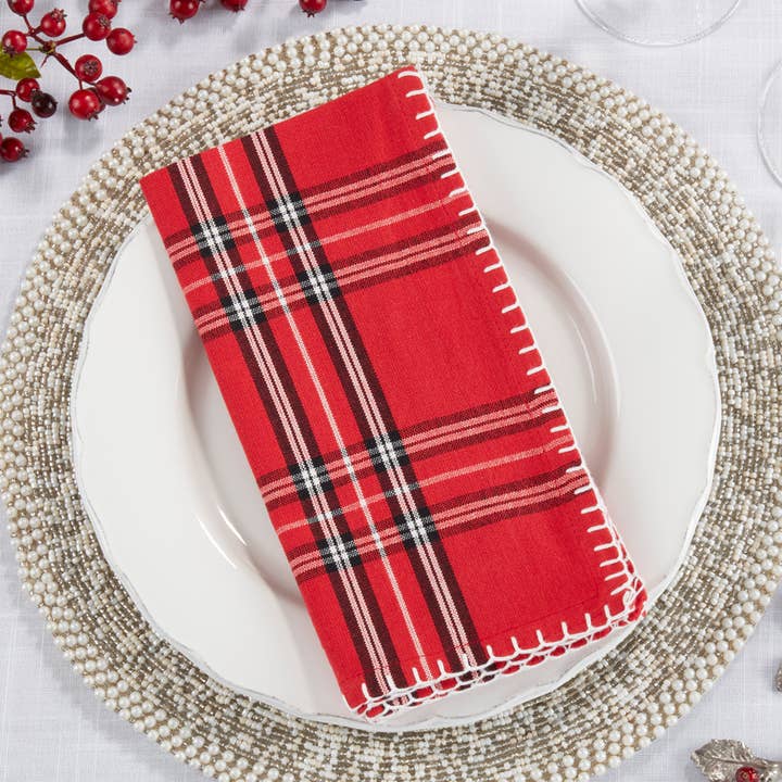 Red Plaid Whipstitch Cotton 20" Dinner Napkin for wholesale by Fennco Styles