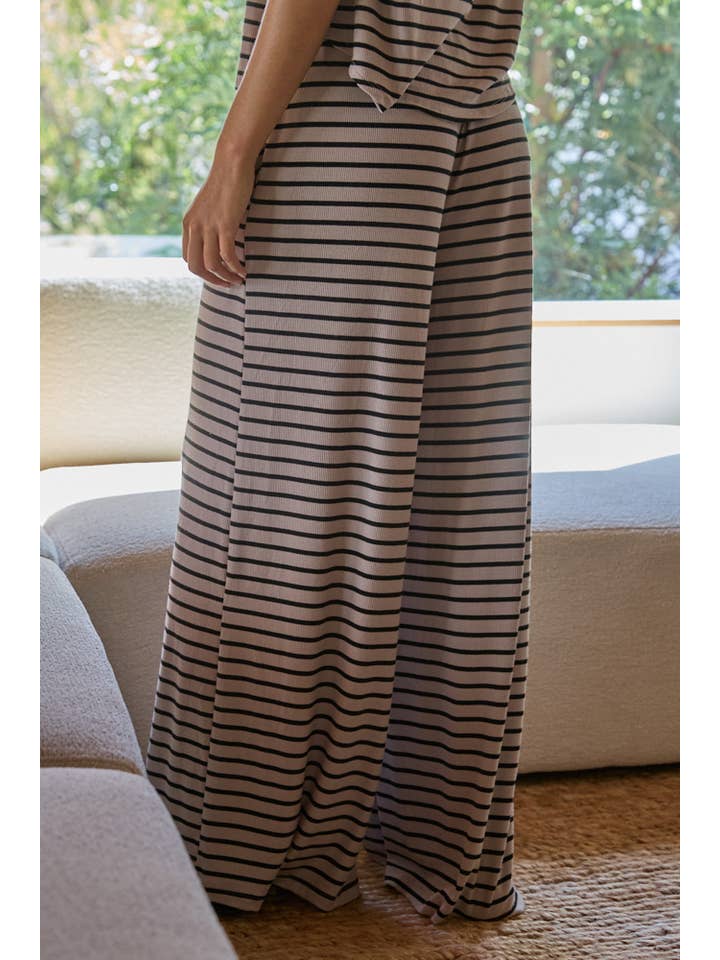 Taupe Black RJ3340 | Knit Polyester Rayon Spandex Striped Wide Leg Pants for wholesale on Faire