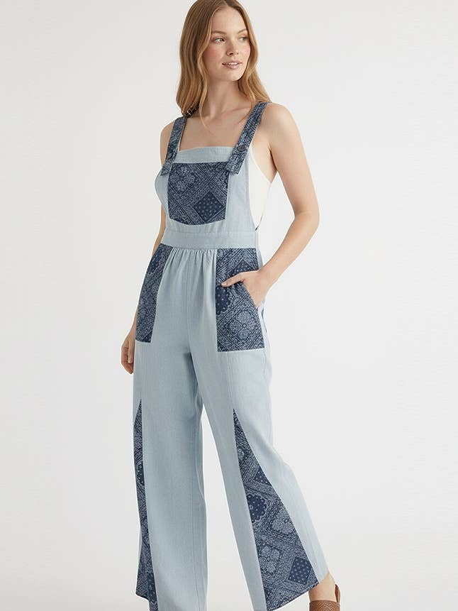 PLUS DENIM OVERALLS WITH BANDANA PRINT CONTRAST for wholesale by Kori America