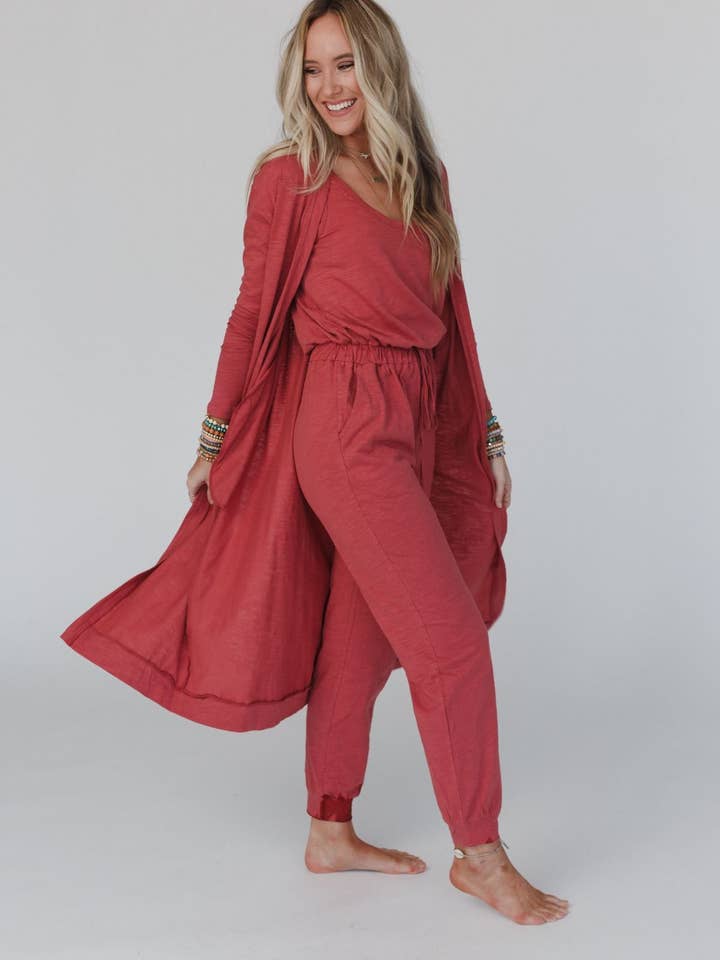 Set to Go Textured Jumpsuit And Cardigan Set - Deep Rust for wholesale on Faire