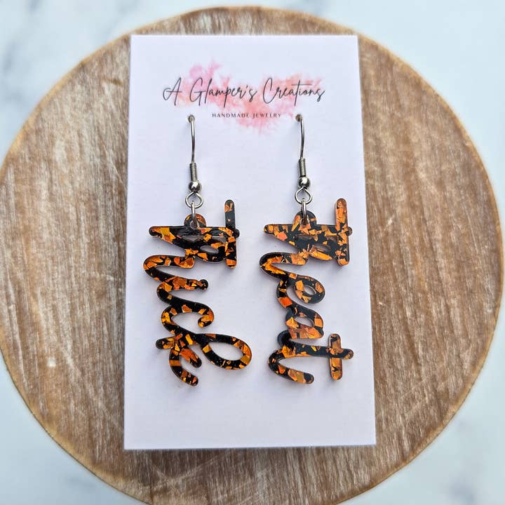 Schwarz & Orange Trick Treat Halloween Acryl-Ohrringe für den Großhandel von A Glamper's Creations LLC