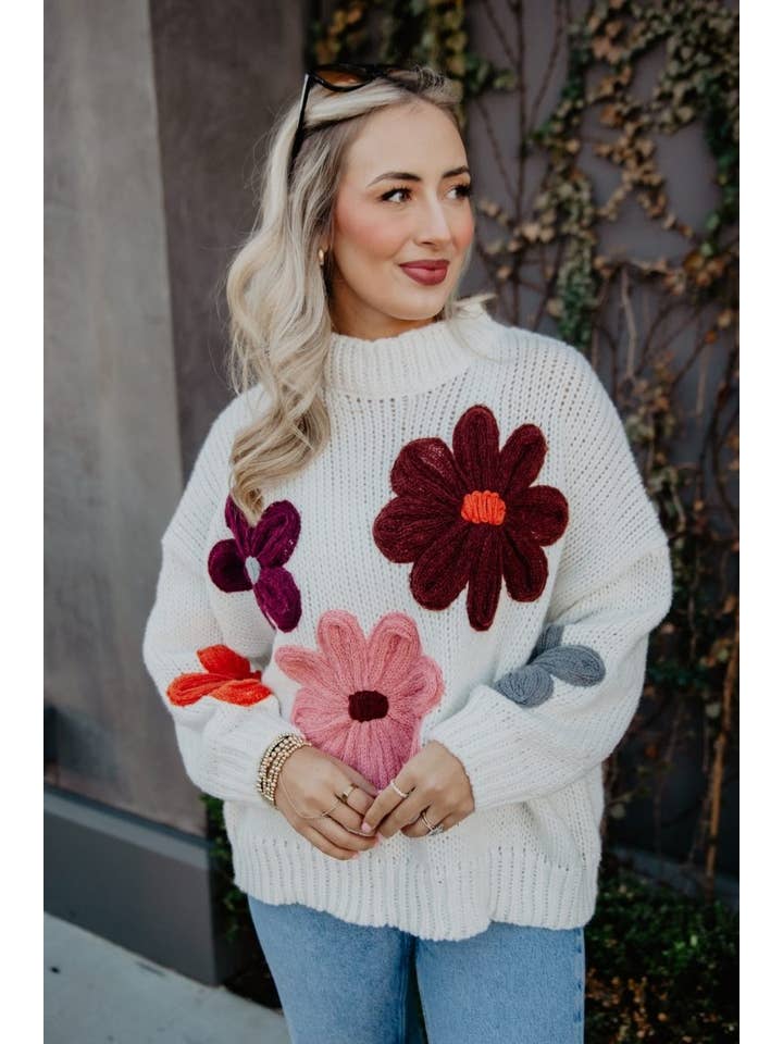 White Floral Wholesale Warm Fall Stitched Sweater for wholesale on Faire4