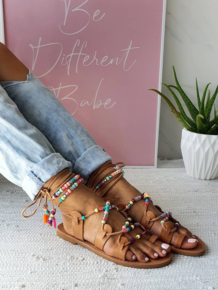 Goupi - Wholesale Sandals - Women's - Rainbow beaded tie up leather sandals