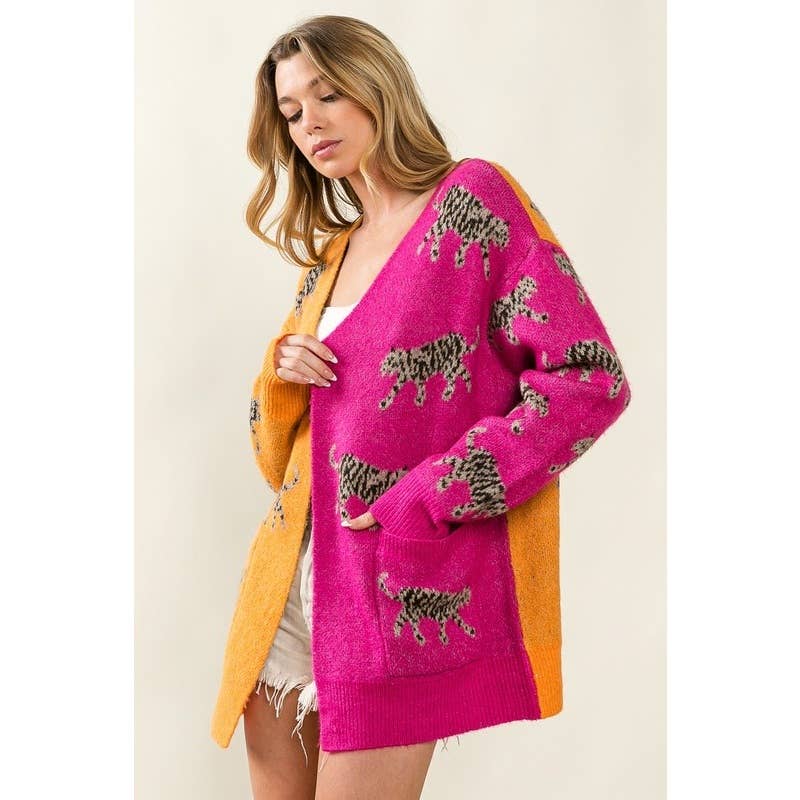 IVE - Vente Cardigan – femme - CARDIGAN À COL EN V À MOTIF TIGRE ET POCHES PLAQUÉES2