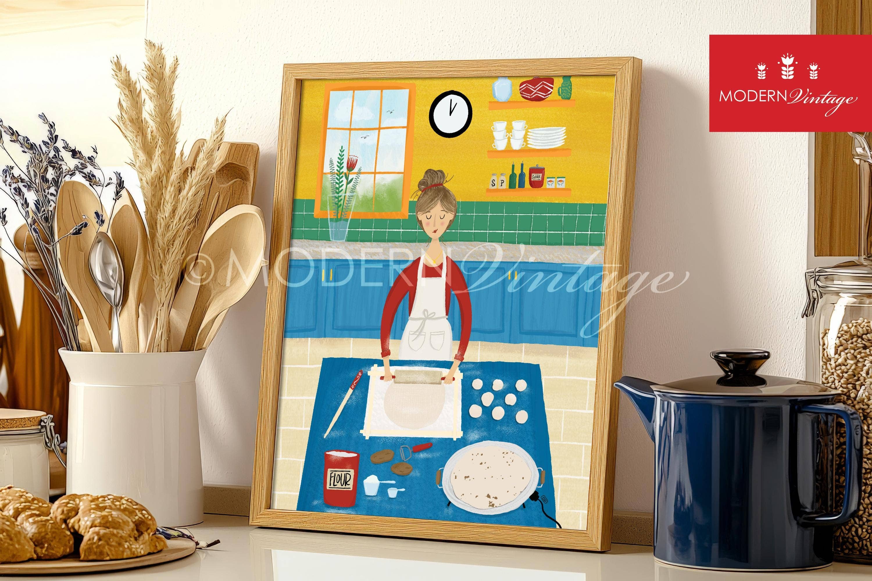 Modern Vintage Design Studio - Wholesale Art print - 11x14 Lady Rolling Lefse Illustrated Print