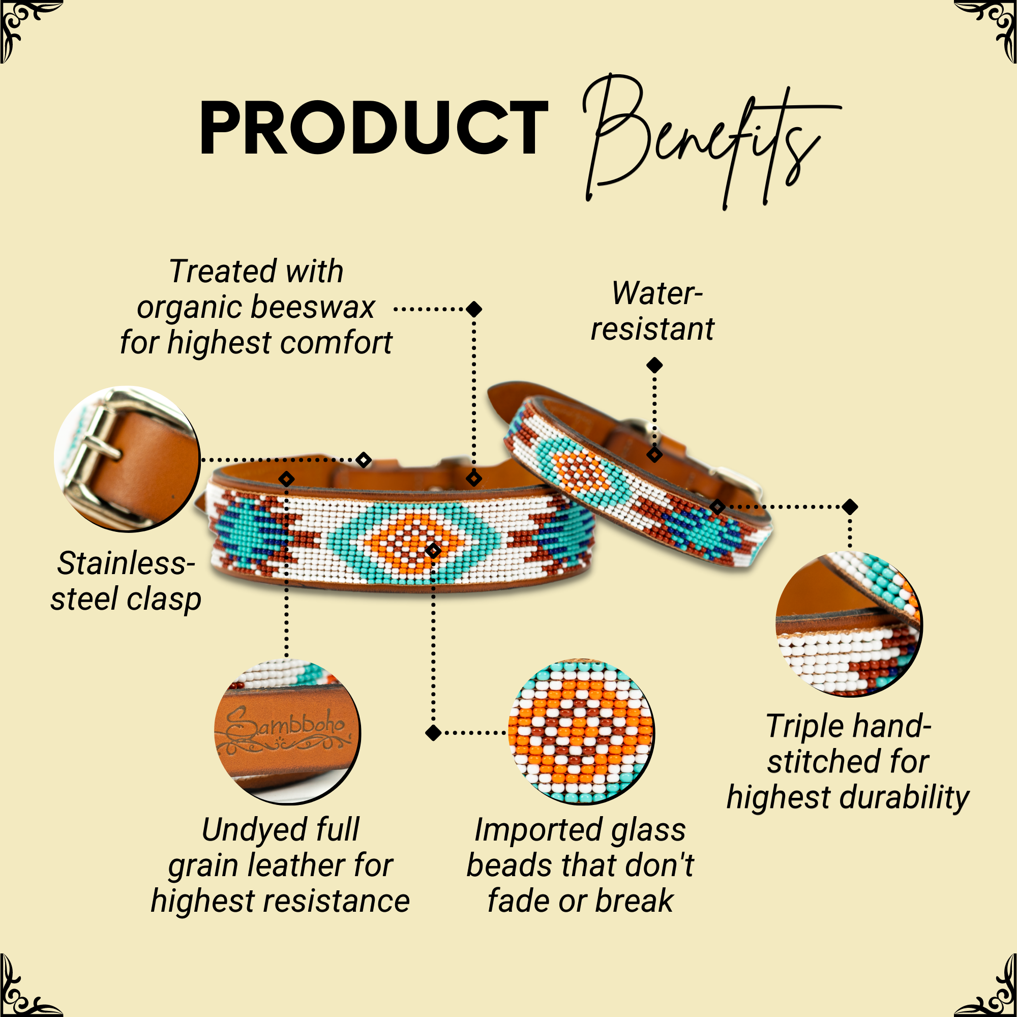 Sambboho – Engroshandel Halsbånd - Hund – Sambboho Aztec halsbånd til hunde med perler og læder1