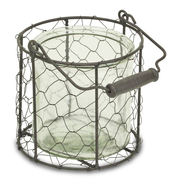 Cheungs Home Decor - Wholesale Decoratieve pot - Ronde glazen pot van Teska in bruine draadmand3