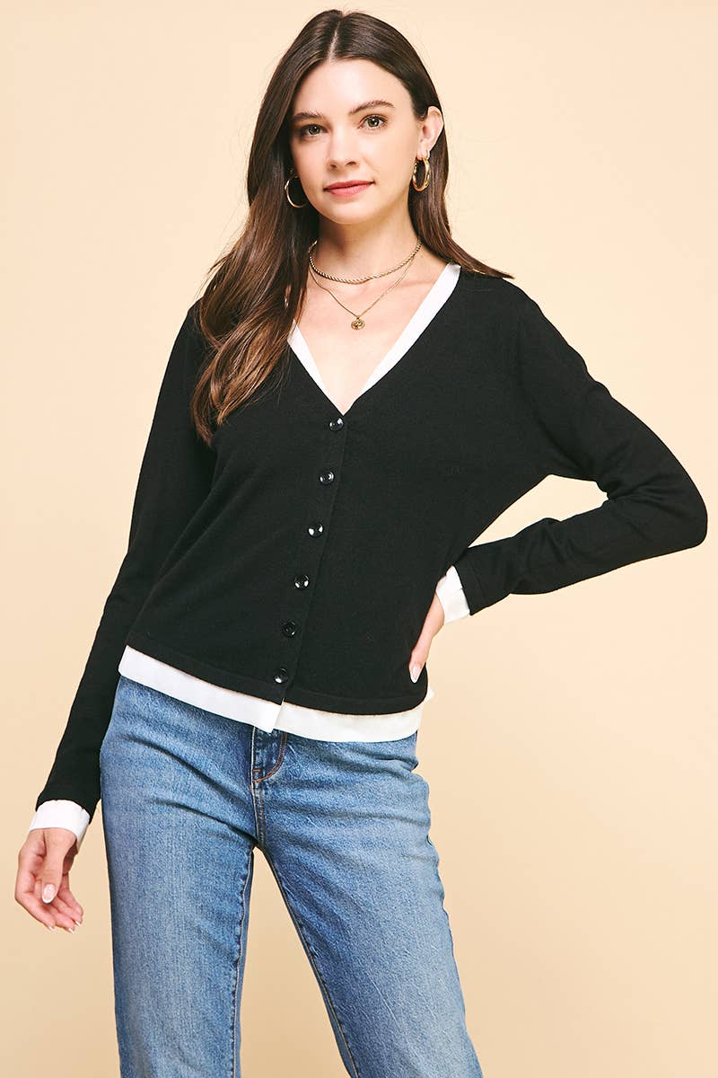 PINCH - Wholesale Knit Top - Women's - V-NECK WOVEN COMBO CARDIGAN TOP - 5831W6