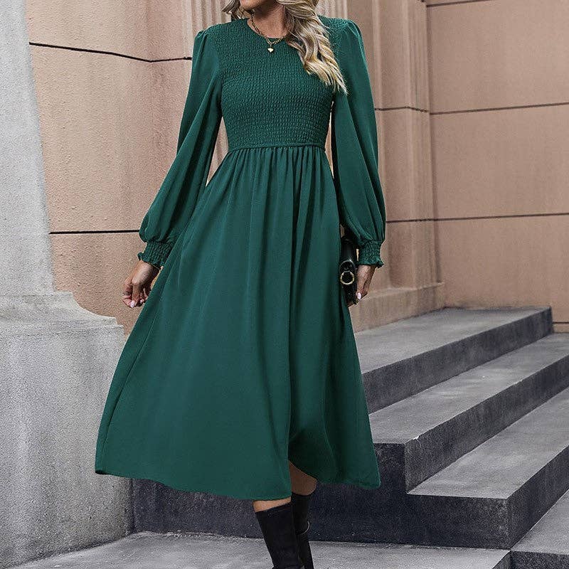 DEEP GREEN Solid Color Lantern Sleeve Waist Long Dress for wholesale on Faire2