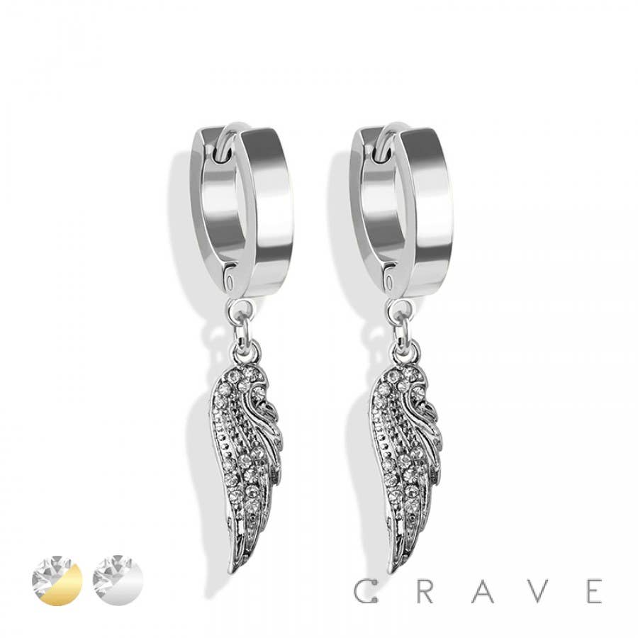 CRAVE - Wholesale Huggie Earrings - PAIR OF HUGGIE/HOOP EARRINGS WITH ALLOY CZ PAVED ANGEL WING1