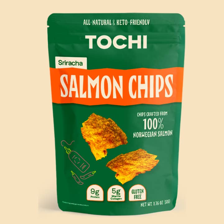Salmon Chips Sriracha  *New Size* 50g for wholesale by Tochi Snacks