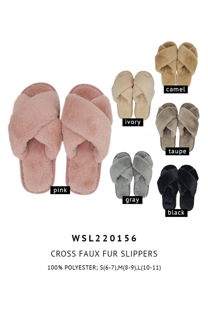 Hana - Wholesale Slippers - Women's - Solid Cross Faux Fur Slippers6