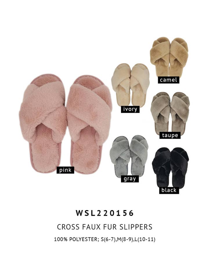 Hana - Wholesale Slippers - Women's - Solid Cross Faux Fur Slippers6