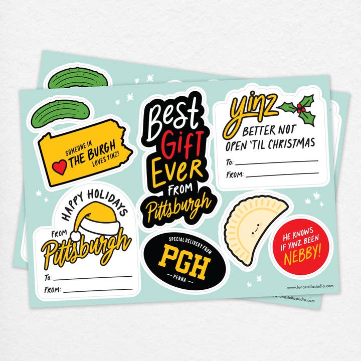 Pittsburgh Holiday Gift Tag Sticker Sheet for Yinz for wholesale by Luna Stella Studio