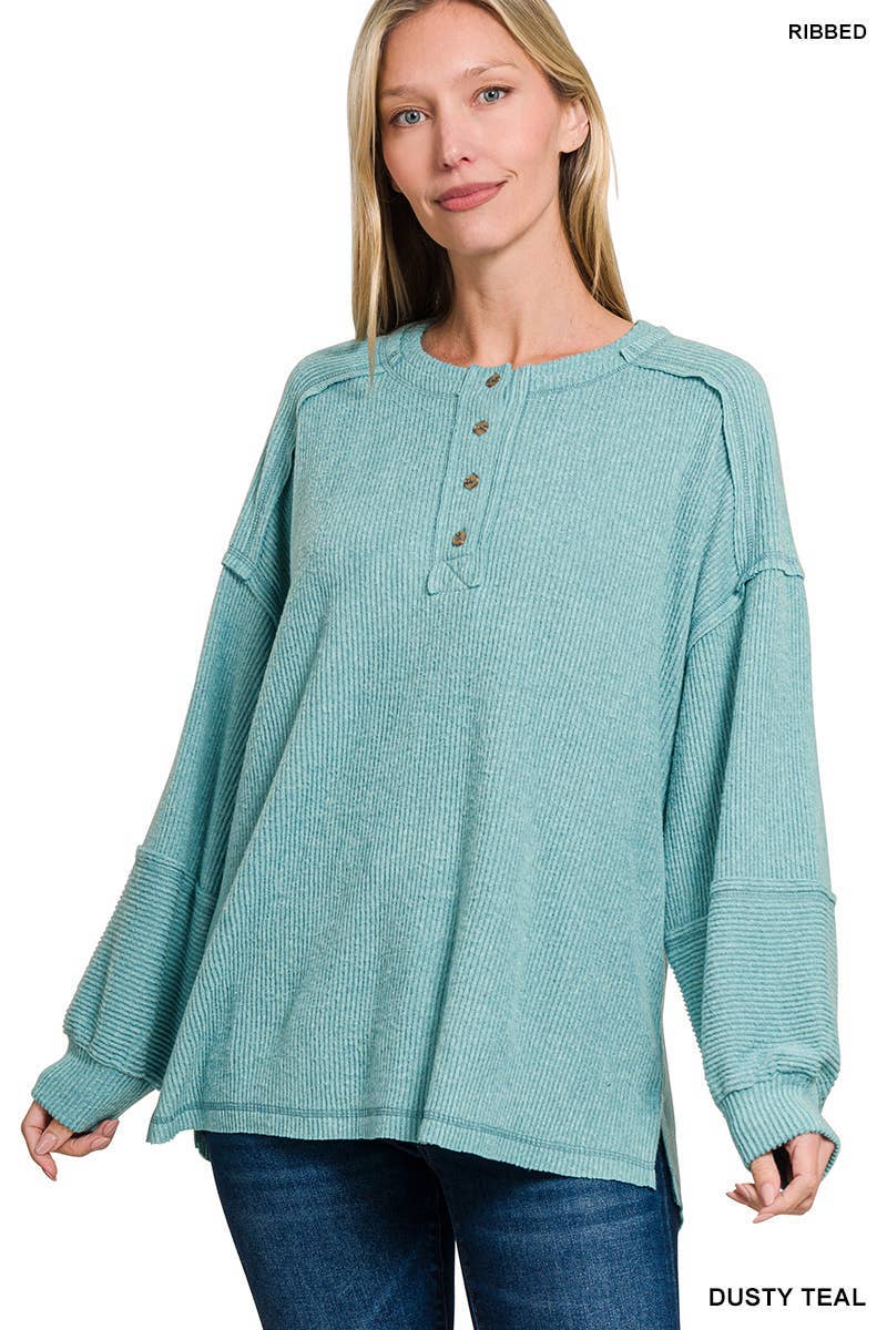 Vanilla Monkey - Wholesale Knit Sweater - Women's - Ribbed Brushed Hacci Melange Henley Sweater5