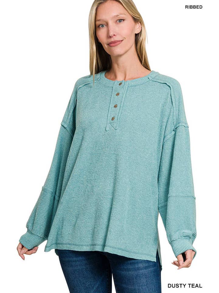 Vanilla Monkey - Wholesale Knit Sweater - Women's - Ribbed Brushed Hacci Melange Henley Sweater5