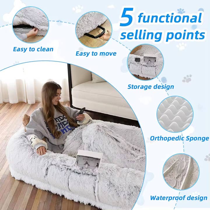 Gray Human Dog Bed 71x45 Washable Faux Fur Orthopedic Grey for wholesale on Faire