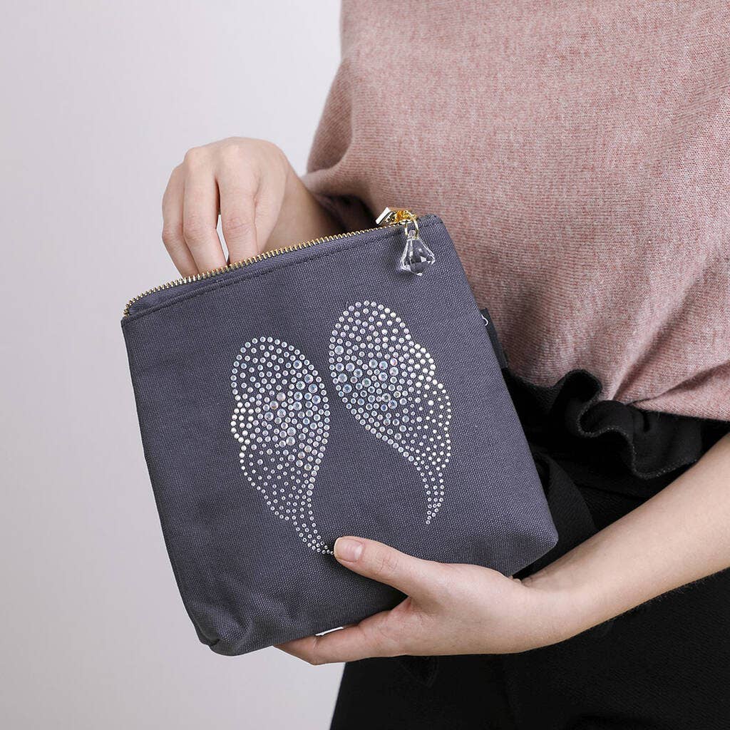 Lovethelinks Ltd - Wholesale Makeup/Cosmetic Bag - Angel Wings Grey Canvas Sparkly Make Up Bag1